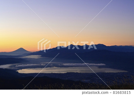 Mt. Fuji and Lake Suwa from Takabotchiyama 81683815