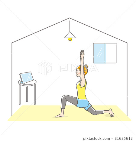 Illustration of a young woman doing yoga while looking at a tablet at home 81685612