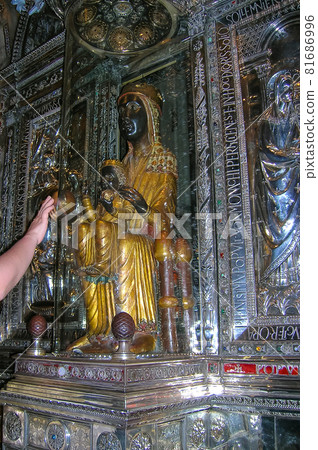 12th century statue of Black Madonna of Montserrat in cathedral of Montserrat Monastery. 81686996