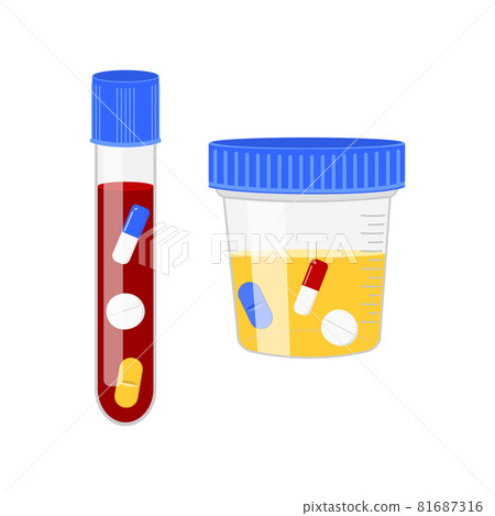 Blood and urine specimens with different drugs. Doping control in sport. Positive post accident drug testing concept. Vector cartoon illustration 81687316