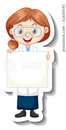 Cartoon character sticker with a girl in science gown holding empty banner Cartoon character sticker with a girl in science gown holding empty banner 81689545