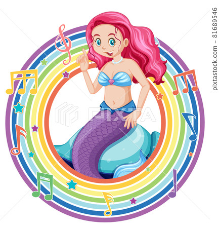 Beautiful mermaid in rainbow round frame with melody symbol 81689546