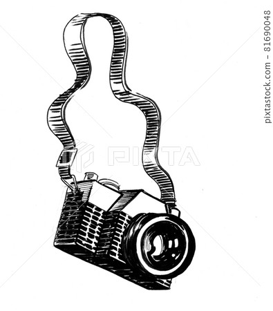Vintage camera. Ink black and white drawing 81690048