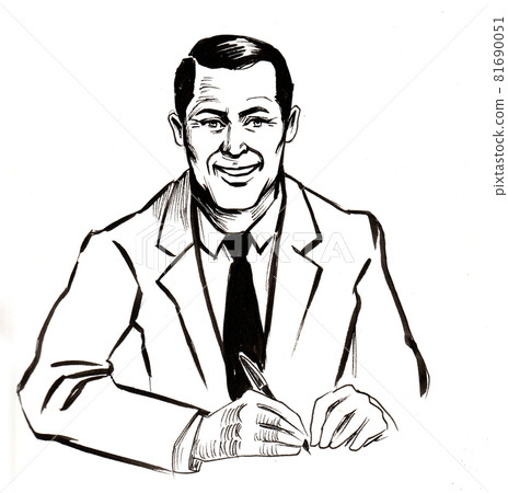 Businessman signing a document. Ink black and white drawing 81690051