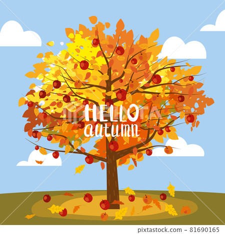 Apple tree, rural landscape. Hello Autumn, harvest, ripe fruits on tree, countriyside fall. Vector illustration cartoon style poster 81690165