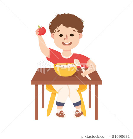 Little Boy at Kitchen Table Eating Porridge for Breakfast Engaged in Daily Activity and Everyday Routine Vector Illustration Little Boy at Kitchen Table Eating Porridge for Breakfast Engaged in Daily Activity and Everyday Routine Vector Illustration 81690621