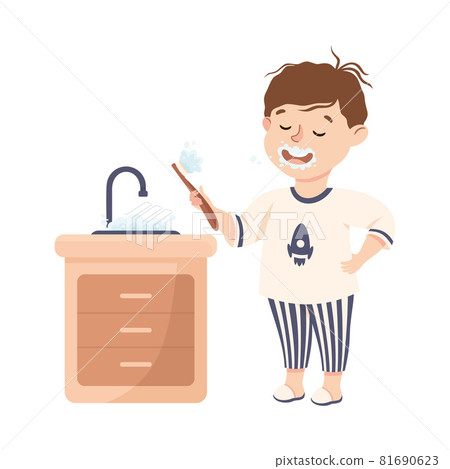 Little Boy Brushing Teeth in Bathroom Engaged in Daily Activity and Everyday Routine Vector Illustration Little Boy Brushing Teeth in Bathroom Engaged in Daily Activity and Everyday Routine Vector Illustration 81690623