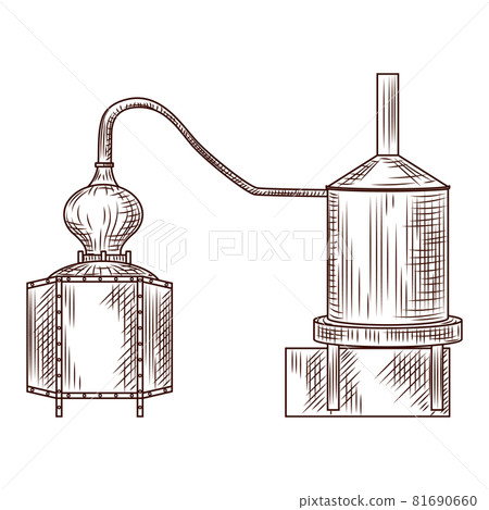 Alembic engraved style isolated on white background. Vintage sketch outline close up. Alembic engraved style isolated on white background. Vintage sketch outline close up. 81690660