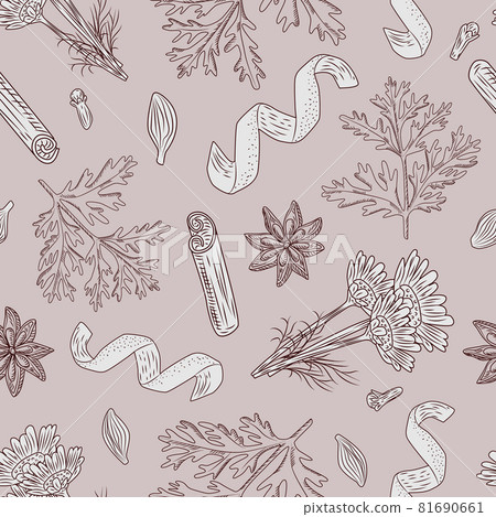 Seamless pattern autumn tea on beige background. Beautiful texture herbal for packaging design tea. 81690661