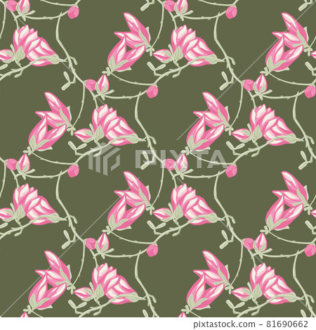 Seamless pattern Magnolias on green background. Beautiful ornament with pink flowers. 81690662