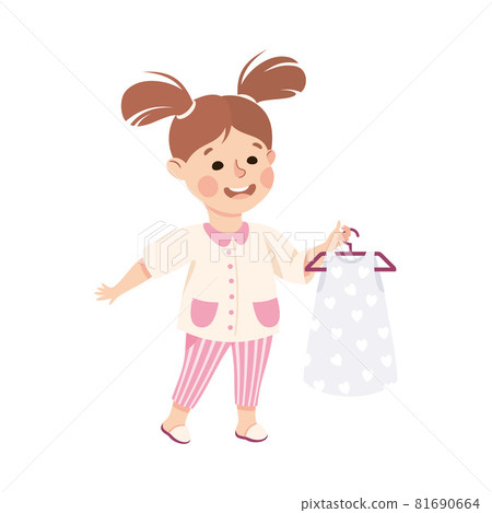 Little Girl with Ponytails with Pretty Dress on Hanger Engaged in Daily Activity and Everyday Routine Vector Illustration Little Girl with Ponytails with Pretty Dress on Hanger Engaged in Daily Activity and Everyday Routine Vector Illustration 81690664