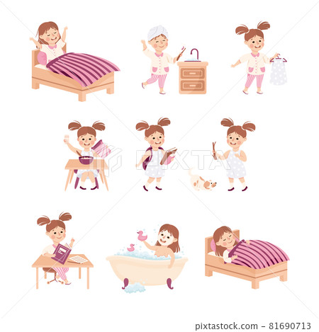 Little Girl Engaged in Daily Activity and Everyday Routine Vector Set Little Girl Engaged in Daily Activity and Everyday Routine Vector Set 81690713