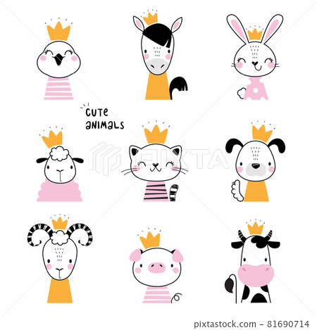 Cute Animal Head Wearing Gold Crown Drawn Outline Vector Set 81690714