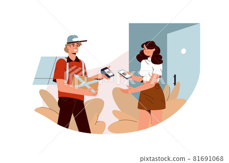 Flat woman payments contactless with smartphone, scanning QR code Flat woman payments contactless with smartphone, scanning QR code 81691068