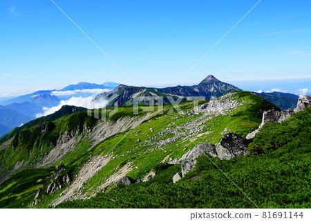 北阿爾卑斯山：從雙六嶽山頂看到的笠岳、燒岳、乘鞍山、禦嶽山 81691144