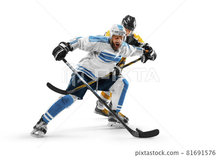 Two professional hockey players on ice. Fight for the puck. Sports emotions. Isolated on a white background Two professional hockey players on ice. Fight for the puck. Sports emotions. Isolated on a white background 81691576