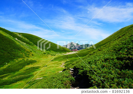 Northern Alps: Sugoroku hut and Mt. Washiba seen from the hiking trail 81692136