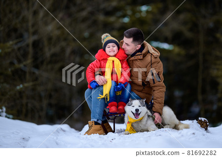 A father with a beautiful daughter and a husky dog are walking in the winter forest. A father with a beautiful daughter and a husky dog are walking in the winter forest. 81692282