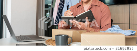 Online small business entrepreneur merchants working at store preparing products to deliver to customers, startup and online business concept. 81692955