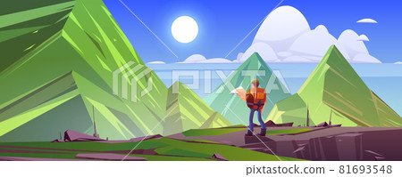 Mountain landscape with hiker man with map 81693548