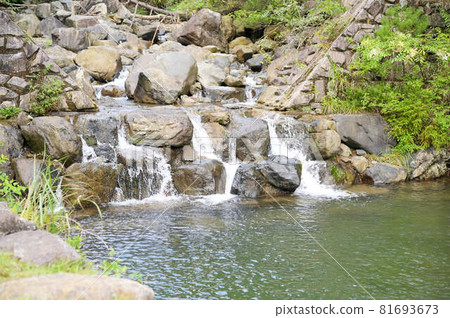 A river with a small waterfall at the base of the waterfall 81693673
