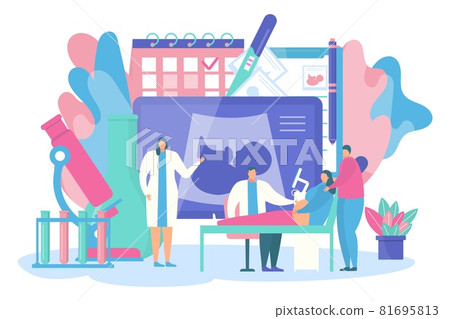 Pregnancy, fertility concept, vector illustration, tiny flat doctor character make ultrasound for pregnant woman, baby image at screen. Pregnancy, fertility concept, vector illustration, tiny flat doctor character make ultrasound for pregnant woman, baby image at screen. 81695813
