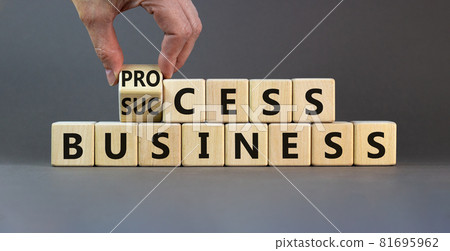 Success business process symbol. Businessman turns wooden cubes and changes the word 'success business process'. Beautiful grey background, copy space. Business, success process concept. 81695962