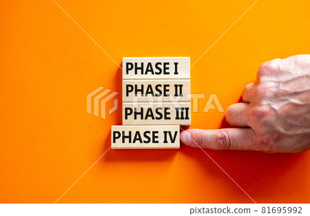 Time to phase 4. Wooden blocks form the words 'phase, 1, 2, 3, 4' on orange background. Male hand. Beautiful background. Business and covid-19 vaccine trial concept. Time to phase 4. Wooden blocks form the words 'phase, 1, 2, 3, 4' on orange background. Male hand. Beautiful background. Business and covid-19 vaccine trial concept. 81695992