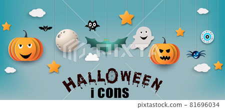 Halloween and full moon in the dark night.Dark castle on full Moon background.Ghost and flying bats, tomb,scary,decoration.Vector Halloween party decoration and flat style concept. 81696034