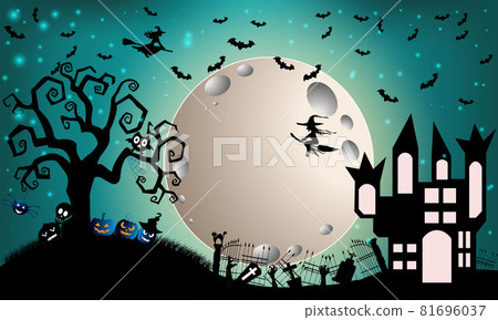 Halloween and full moon in the dark night.Dark castle on full Moon background.Ghost and flying bats, tomb,scary,decoration.Vector Halloween party decoration and flat style concept. Halloween and full moon in the dark night.Dark castle on full Moon background.Ghost and flying bats, tomb,scary,decoration.Vector Halloween party decoration and flat style concept. 81696037