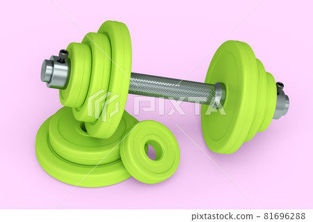 Metal dumbbell with green disks isolated on pink background 81696288