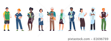 Different professions people. Job variations, men and women characters in uniform, teacher, doctor, carpenter and businessman, vector set 81696789