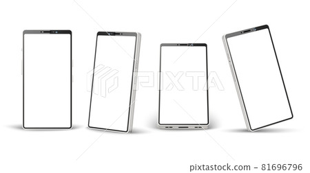 Realistic phone white mockup. Different angles perspective telephone template, 3d mobile device mockup, simple smartphone design. Vector set Realistic phone white mockup. Different angles perspective telephone template, 3d mobile device mockup, simple smartphone design. Vector set 81696796