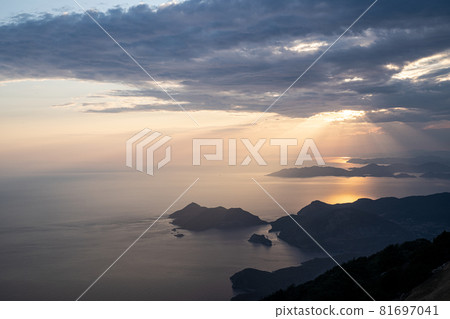 beautiful aerial panorama of mountains islands and sea at sunset beautiful aerial panorama of mountains islands and sea at sunset 81697041