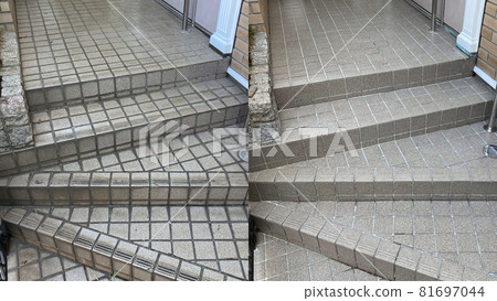 Before and after, cleaning an old dirty tile staircase 81697044