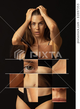 Collage, sliding puzzle. Portrait of young beautiful slim tanned woman in lingerie posing isolated over dark studio background. Natural beauty concept. 81697353