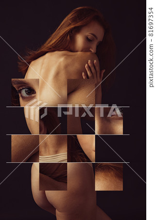 Collage, sliding puzzle. Portrait of young beautiful slim tanned red headed woman in lingerie posing isolated over dark studio background. Natural beauty concept. Collage, sliding puzzle. Portrait of young beautiful slim tanned red headed woman in lingerie posing isolated over dark studio background. Natural beauty concept. 81697354