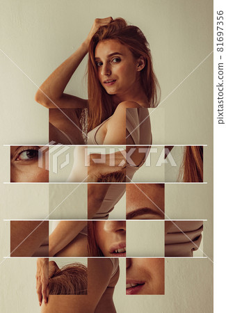 Collage, sliding puzzle. Portrait of young beautiful slim tanned red headed woman in lingerie posing isolated over light studio background. Natural beauty concept. Collage, sliding puzzle. Portrait of young beautiful slim tanned red headed woman in lingerie posing isolated over light studio background. Natural beauty concept. 81697356