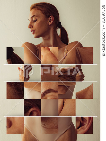 Collage, sliding puzzle. Portrait of young beautiful slim tanned red headed woman in lingerie posing isolated over light studio background. Natural beauty concept. Collage, sliding puzzle. Portrait of young beautiful slim tanned red headed woman in lingerie posing isolated over light studio background. Natural beauty concept. 81697359