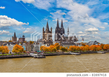 Cologne Germany, city skyline at Cologne Cathedral (Cologne Dom) and Rhine River with autumn foliage season 81697418