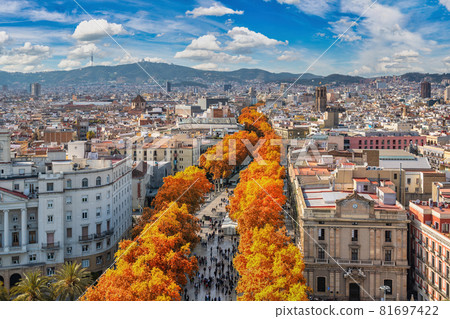 Barcelona Spain, high angle view city skyline at La Rambla street with autumn foliage season Barcelona Spain, high angle view city skyline at La Rambla street with autumn foliage season 81697422