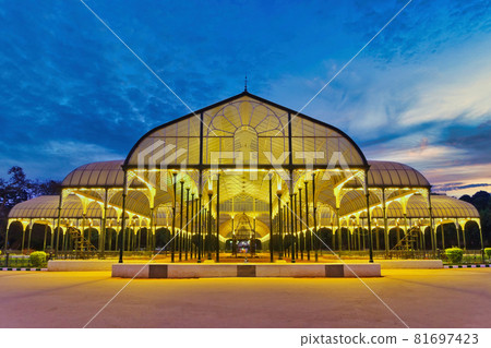 Bangalore India, night city skyline at Lalbagh Park glass house 81697423