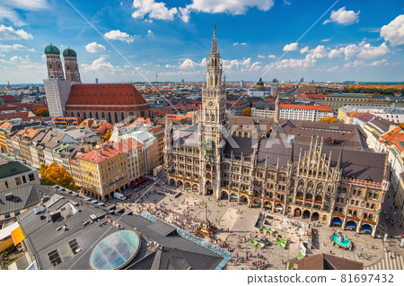 Munich Germany, high angle view city skyline at Marienplatz new Town Hall Squarewith autumn foliage season 81697432