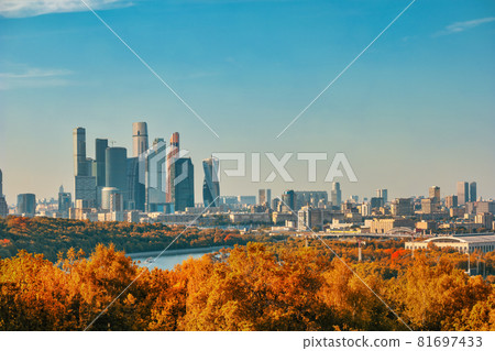 Moscow Russia, city skyline of Moscow business center view from Sparrow Hill with autumn foliage season 81697433