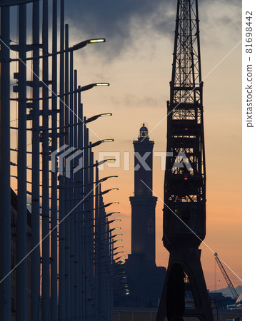 Genoa's famous landmark  lighthouse "Lanterna" at sunset 81698442