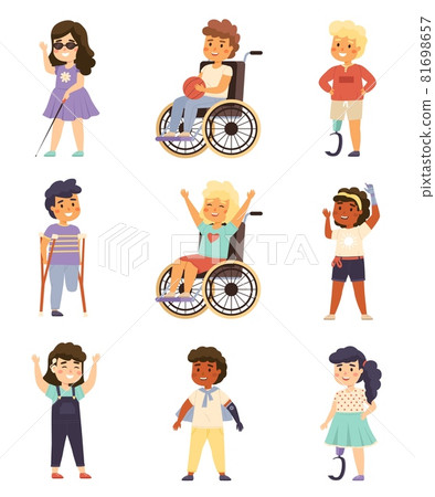Disability kids. Cute handicapped children with crutches, prosthetic devices, hearing aid and wheelchair, injuries and damages. Blind and deaf boys and girls. Vector cartoon isolated set 81698657