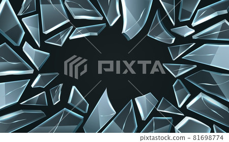 Broken glass frame. Realistic smashed window, shards with cracks random shapes, damage and destruction 3d effects. Damaged mirror triangular particles black background vector isolated concept 81698774