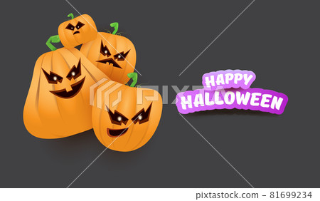 Halloween Horizontal web Banner or poster with Halloween scary pumpkins gang isolated on grey background. Funky kids Halloween concept background with greeting text 81699234