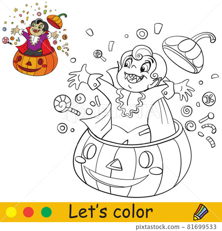 Coloring with template Halloween vampire jumps out of pumpkin 81699533