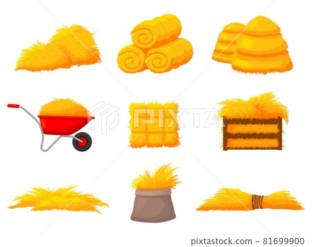 Haystacks. Harvest haystack straw, natural hay. Autumn agriculture, farm harvesting and wheat pile in wooden box. Isolated hayloft recent vector set Haystacks. Harvest haystack straw, natural hay. Autumn agriculture, farm harvesting and wheat pile in wooden box. Isolated hayloft recent vector set 81699900